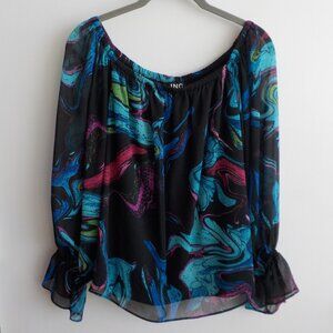 I.N.C. Blouse - Black Multicolor - Bright - Medium - Off Shoulder Holiday (614)